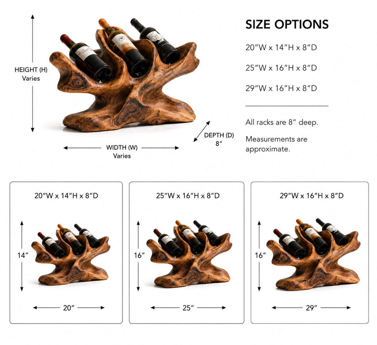 Sculptural Wood Wine Rack – Solid Wood 3 Bottle Display Stand for Home Bar Decor