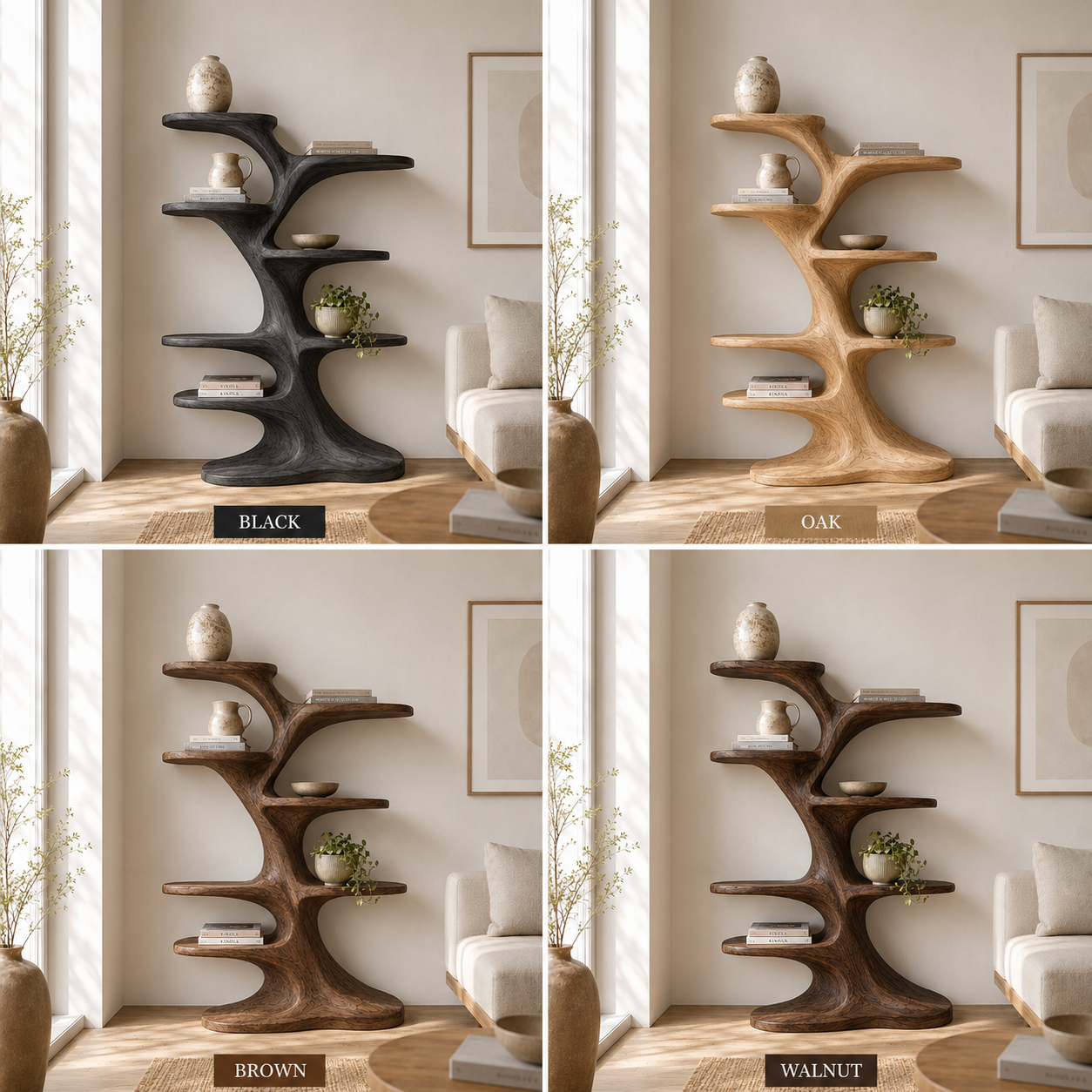 Tree Branch Wood Bookshelf – Solid Wood Display Shelf for Living Room Decor