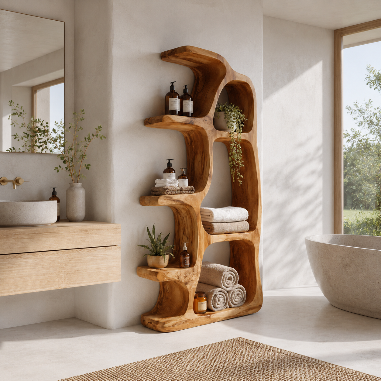 Sculptural Wood Bathroom Shelf – Solid Wood Freestanding Towel Storage Rack for Bathroom Decor