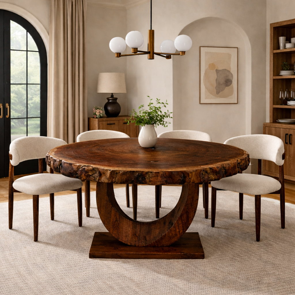Round Solid Wood Dining Table with Sculptural Base | Modern Luxury Dining Centerpiece