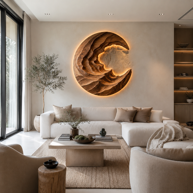 Round Wave Wood Wall Art – Solid Wood Backlit Wall Sculpture for Bedroom Decor Hover Image