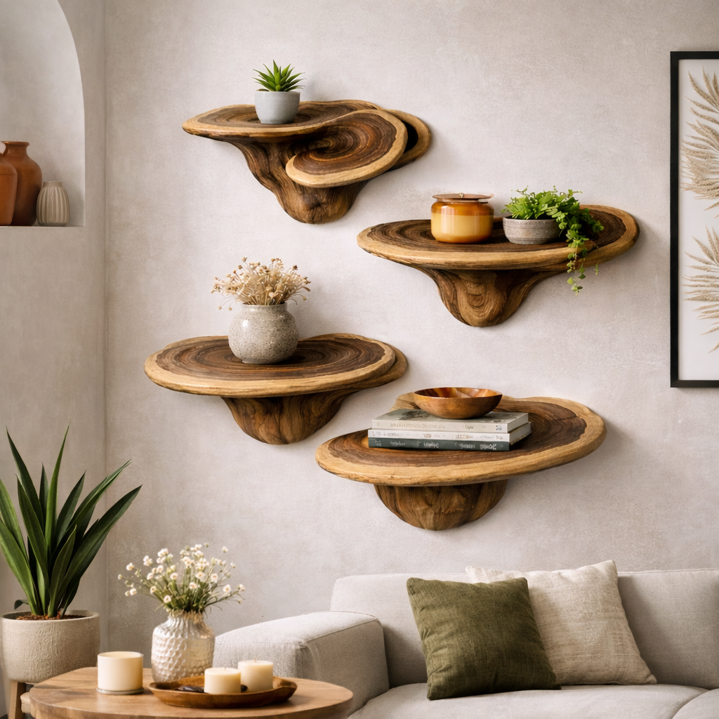 Organic Wooden Floating Wall Shelves Set – Sculptural Modular Display