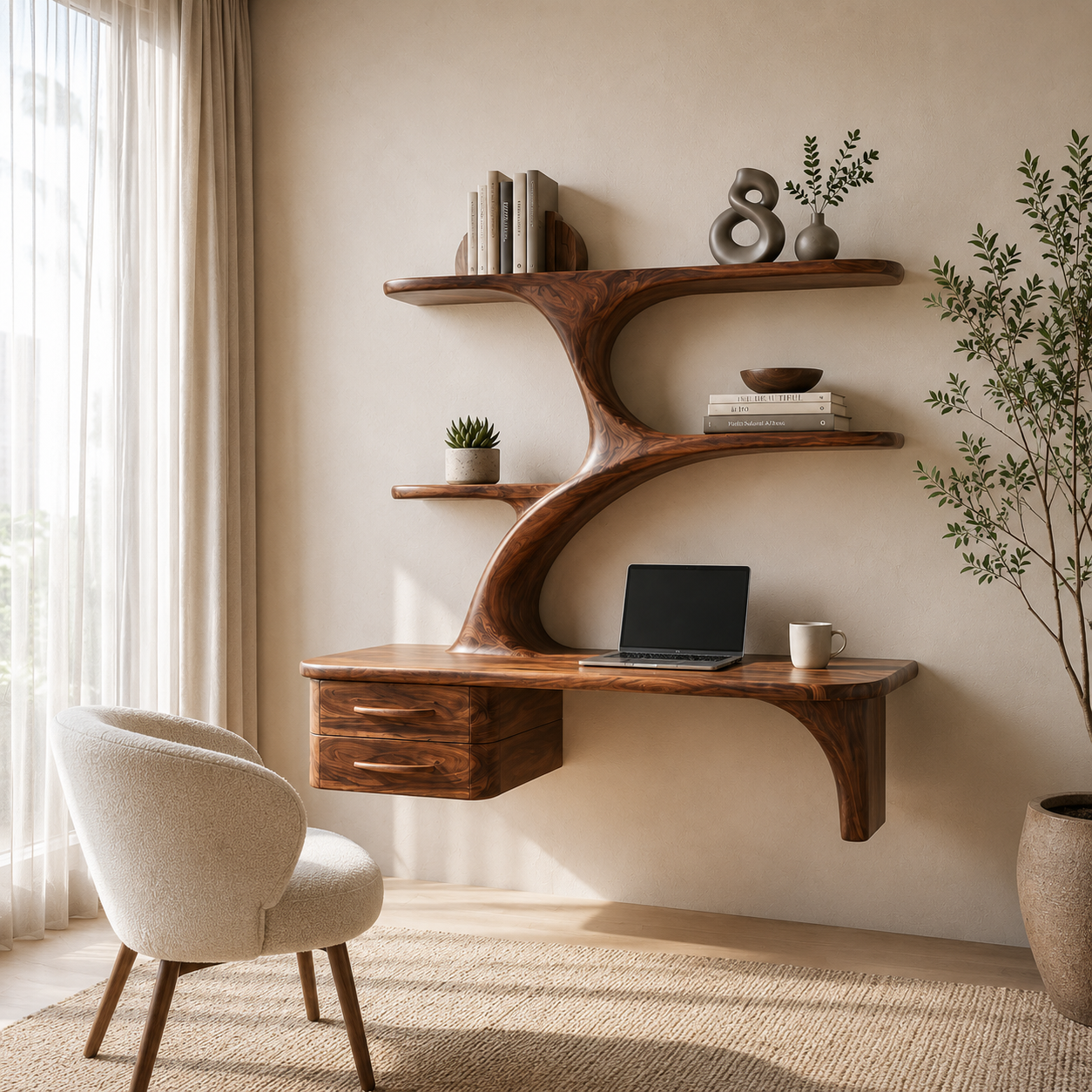 Tree Branch Wood Floating Desk – Solid Wood Wall Mounted Computer Desk for Home Office Decor