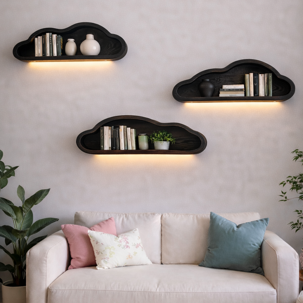 Solid Wood Sculptural Cloud Floating Shelves – Wall Display