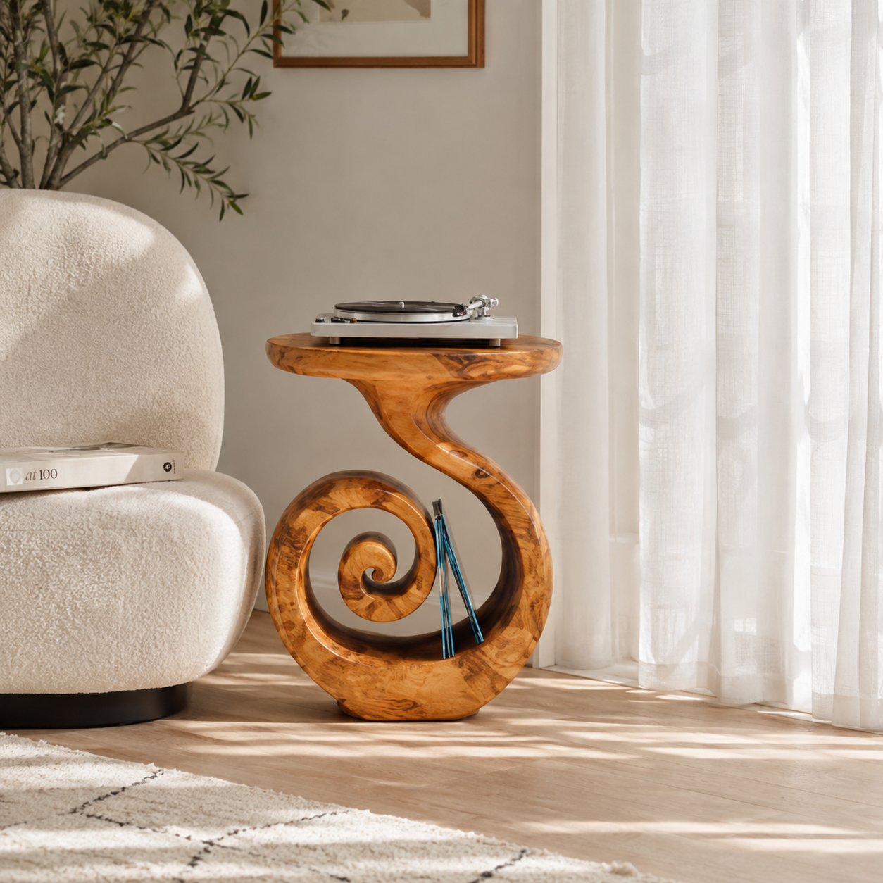 Spiral Sculptural Wood Side Table