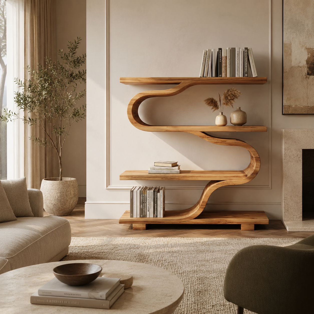 S-Shaped Bookcase – Sculptural Solid Wood Shelf for Living Room