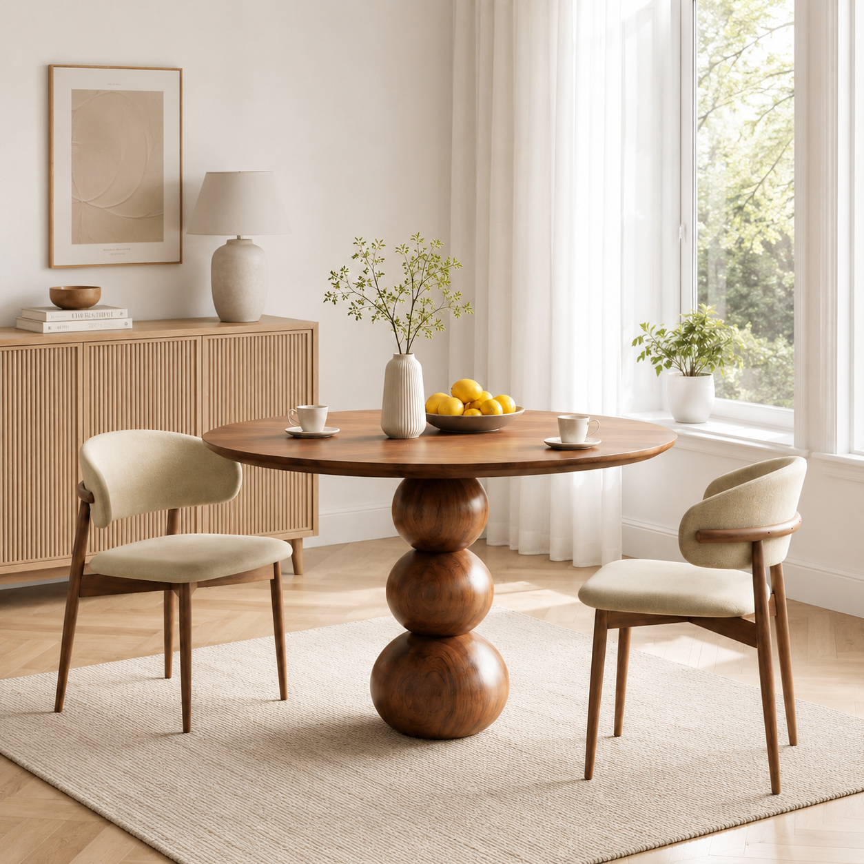 Round Wood Dining Table – Solid Wood Pedestal Table with Sculptural Ball Base for Dining Room Decor