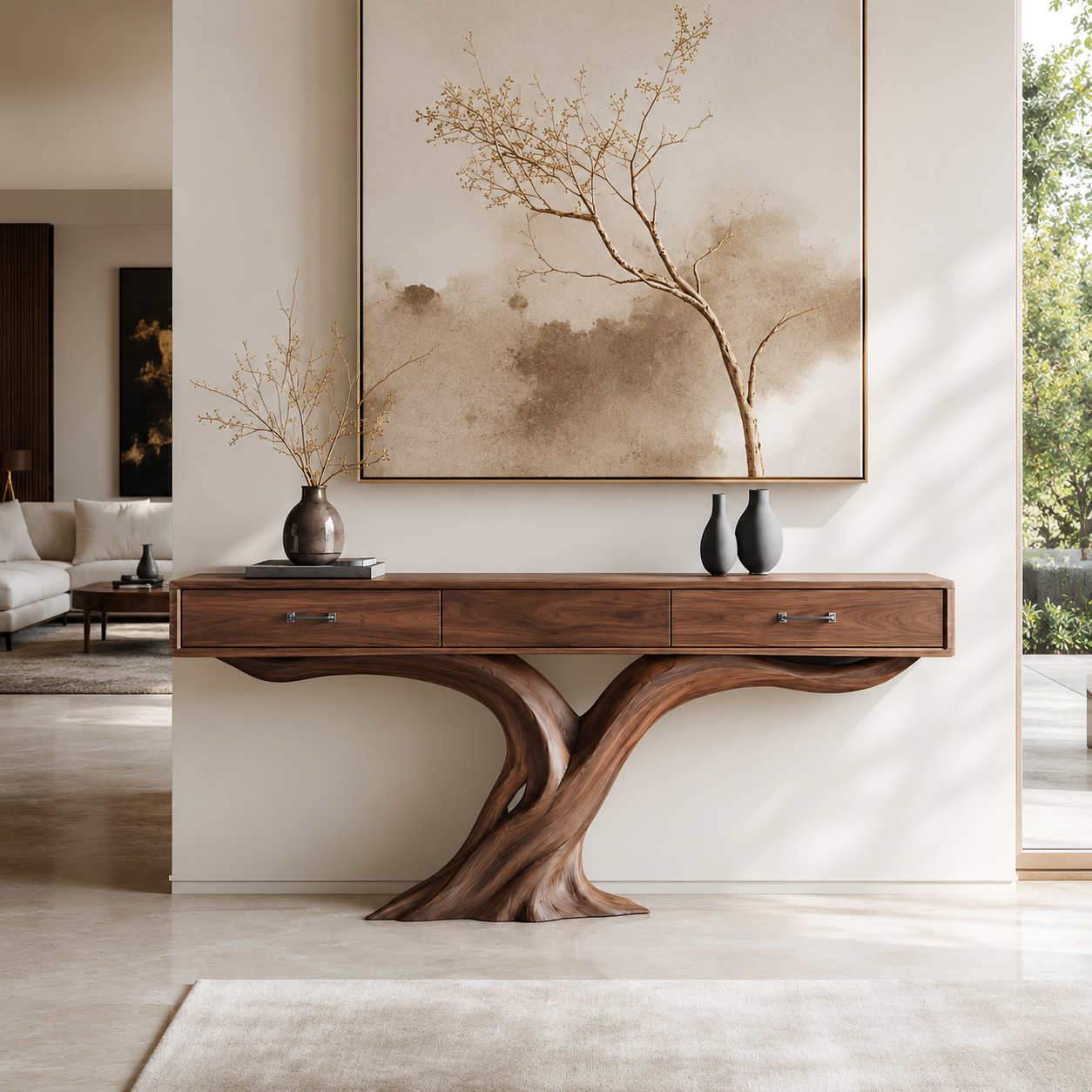 Sculptural Console Table – Solid Wood Entryway Table with Curved Base