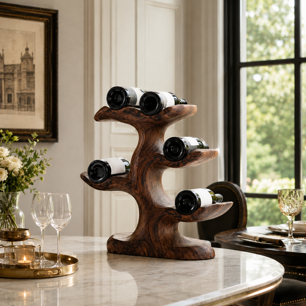 Tree Branch Wood Wine Rack – Solid Wood Bottle Display Stand for Dining Room Decor