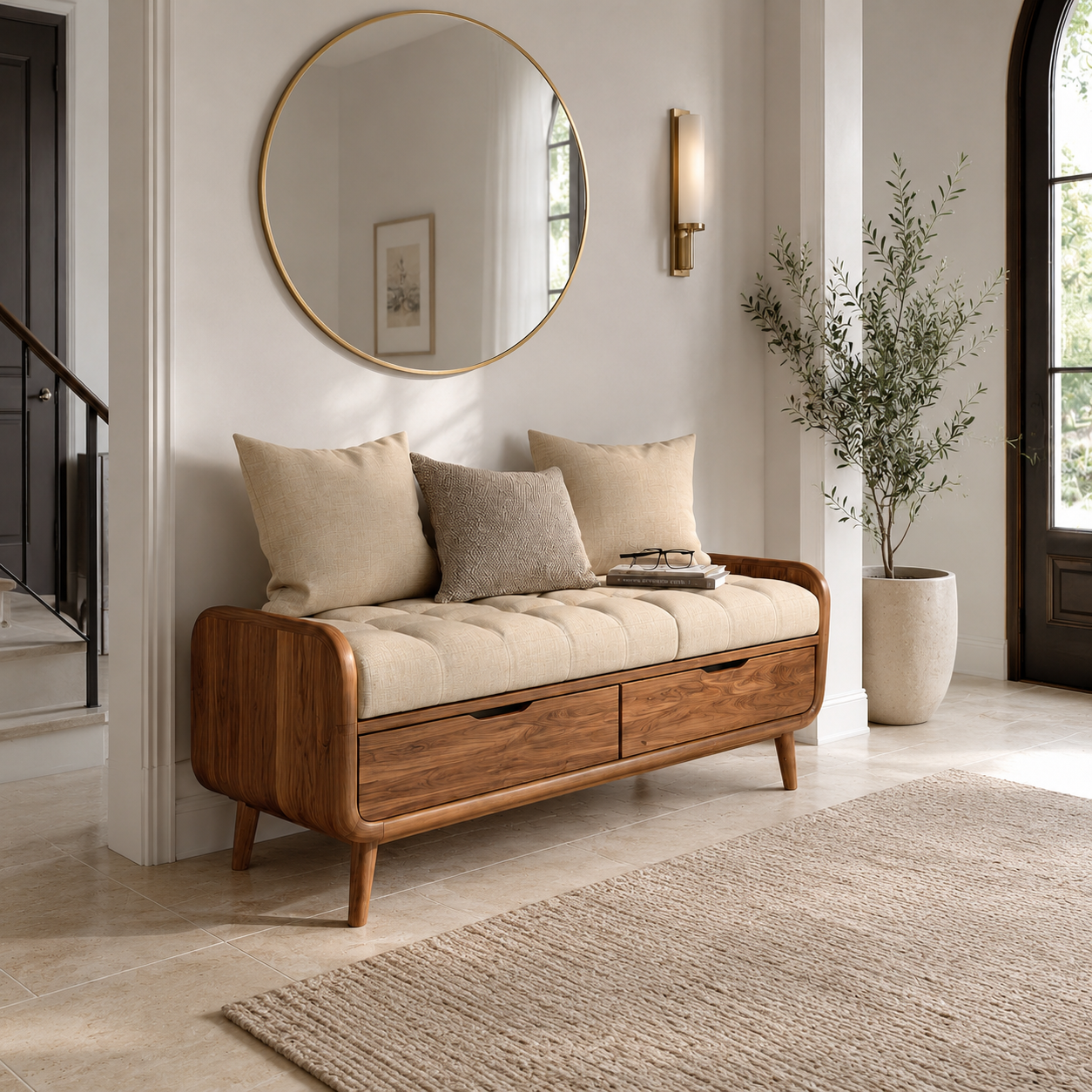 Wood Storage Bench with Cushion – Solid Wood Entryway Bench with Drawers for Home Decor