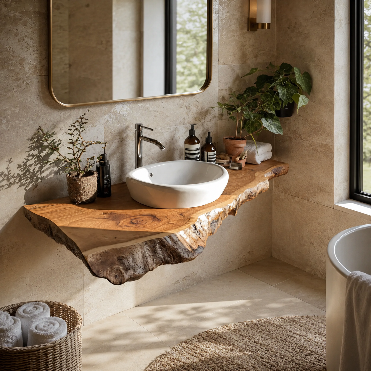 Live Edge Wood Floating Vanity – Solid Wood Wall Mounted Sink Console for Bathroom Decor