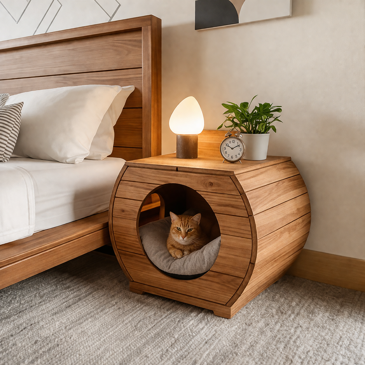 Cat House Nightstand – Solid Wood Bedside Table for Bedroom Decor