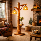 Tree Trunk Floor Lamp – Rustic Wood Standing Light with Hanging Bulbs for Living Room Decor