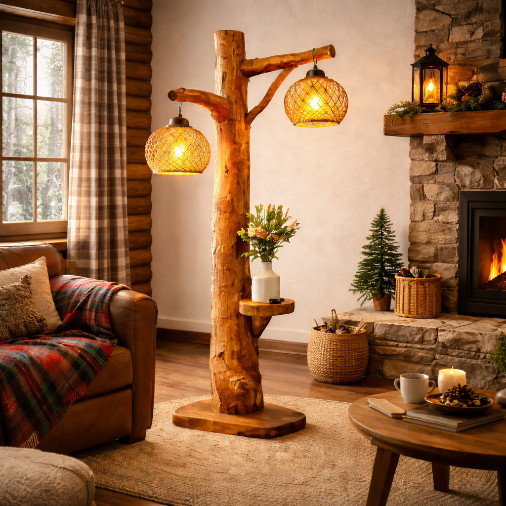 Tree Trunk Floor Lamp – Rustic Wood Standing Light with Hanging Bulbs for Living Room Decor