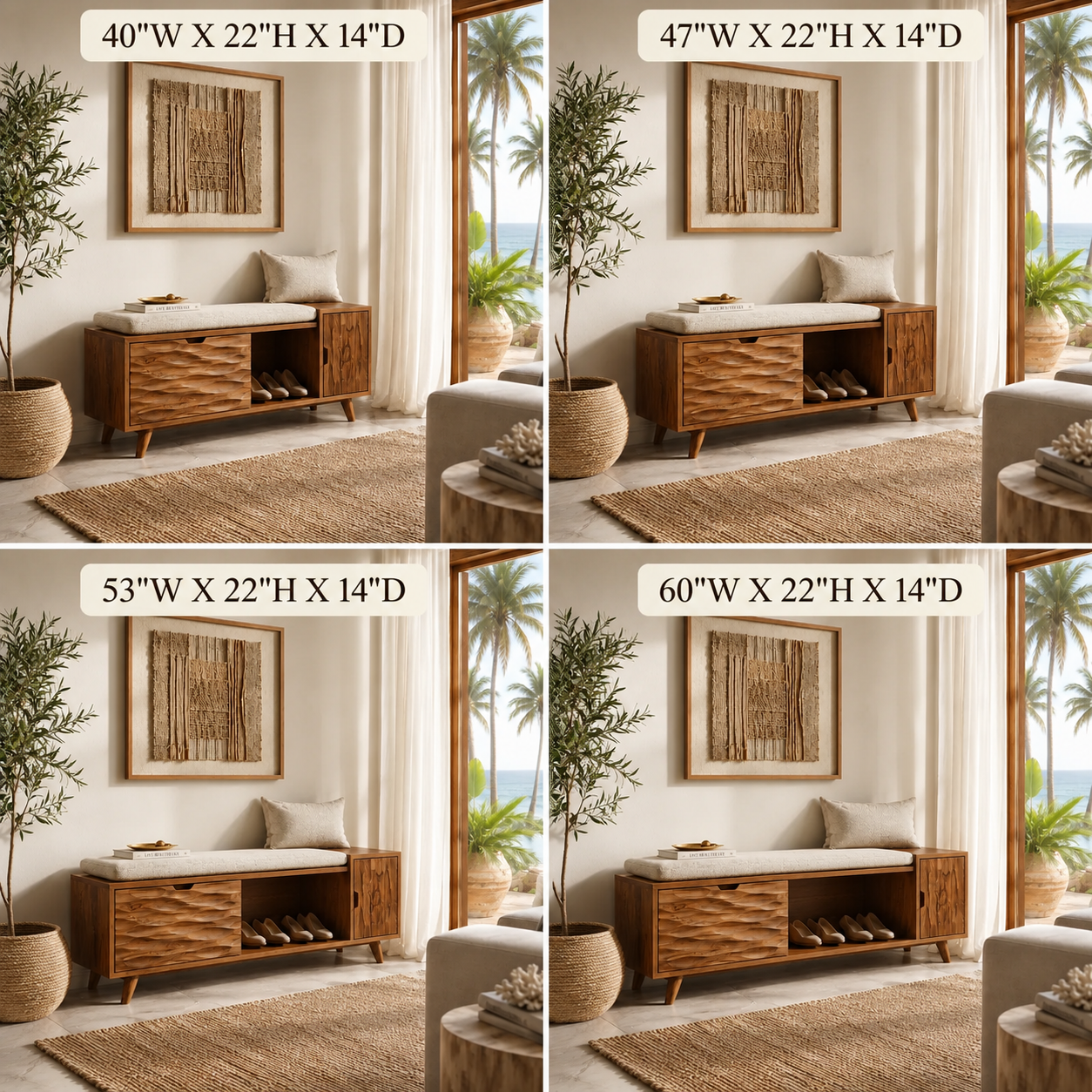 Wood Entryway Storage Bench – Solid Wood Shoe Bench with Cushion and Carved Cabinet Doors