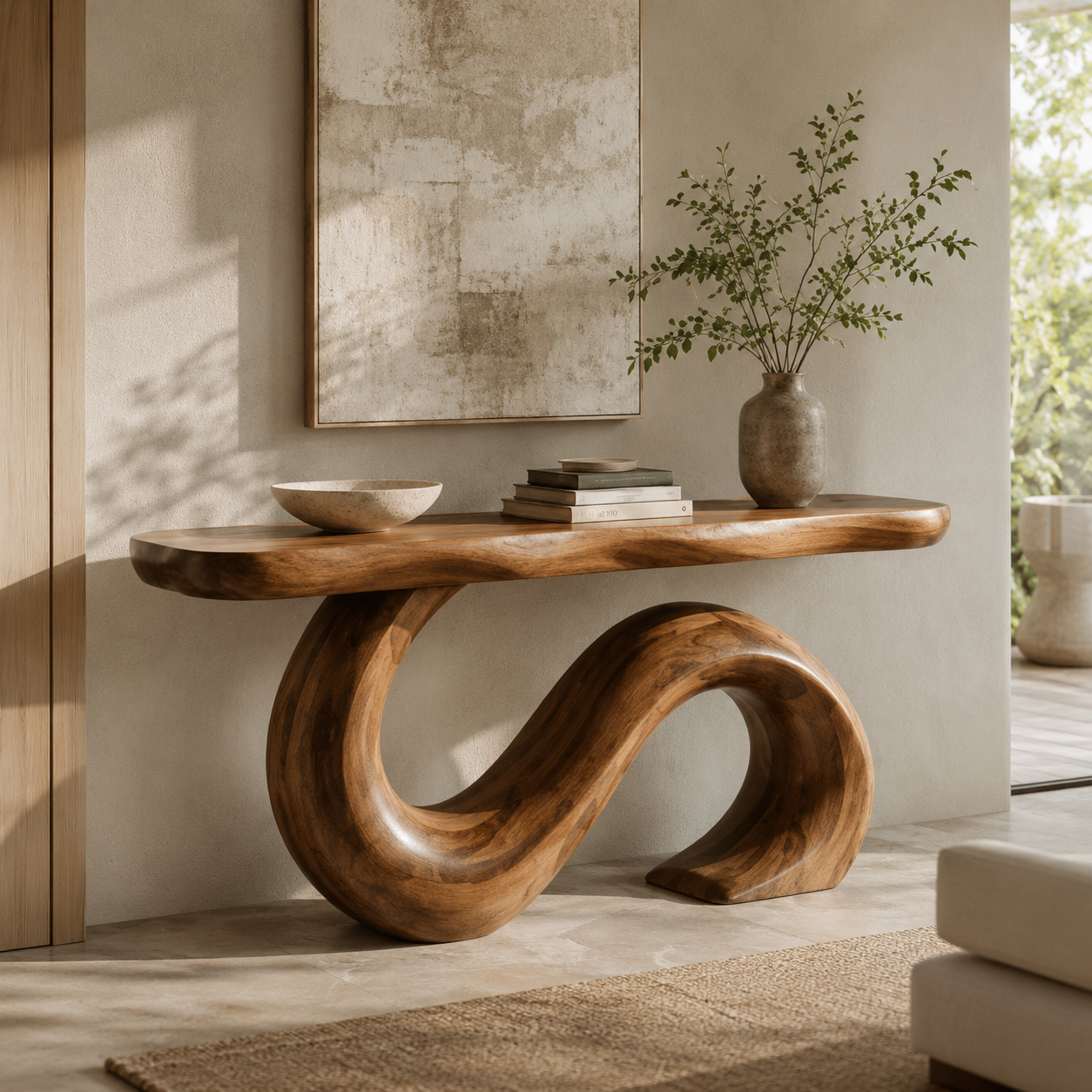 Sculptural Wave Loop Wood Console Table