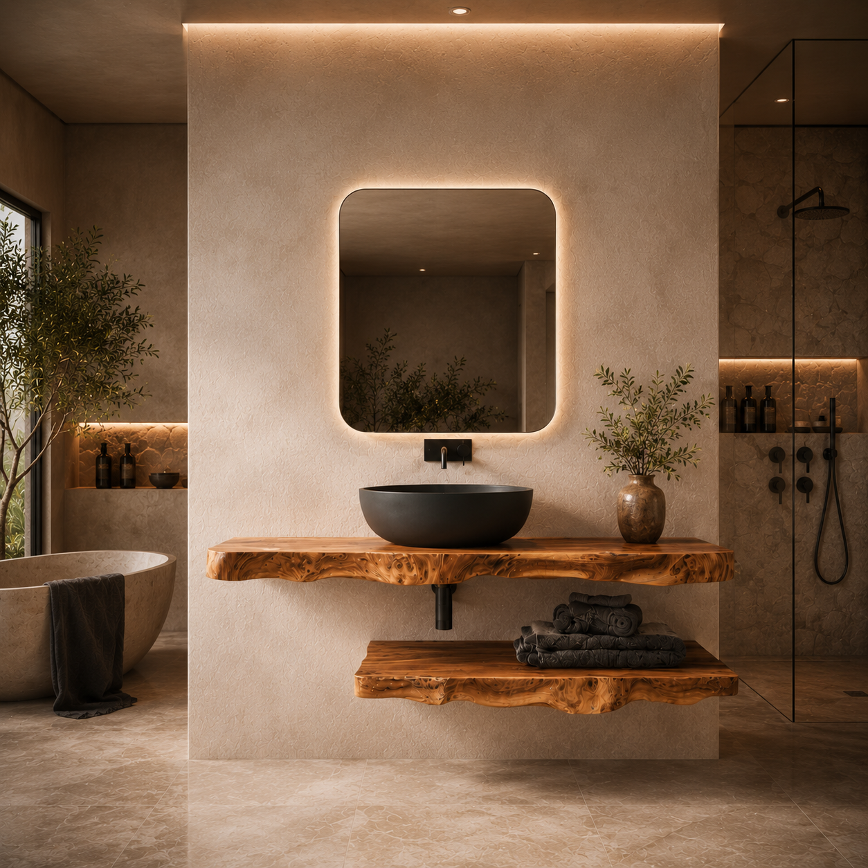 Floating Bathroom Vanity – Live Edge Solid Wood Vanity with Shelf