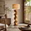 Sculptural Wood Floor Lamp – Solid Wood Wavy Standing Lamp with Fabric Shade for Living Room Decor