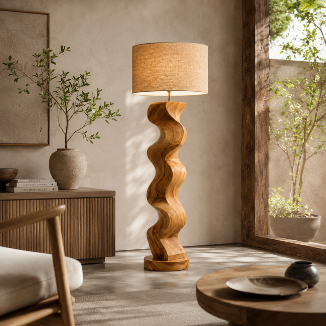 Sculptural Wood Floor Lamp – Solid Wood Wavy Standing Lamp with Fabric Shade for Living Room Decor Hover Image