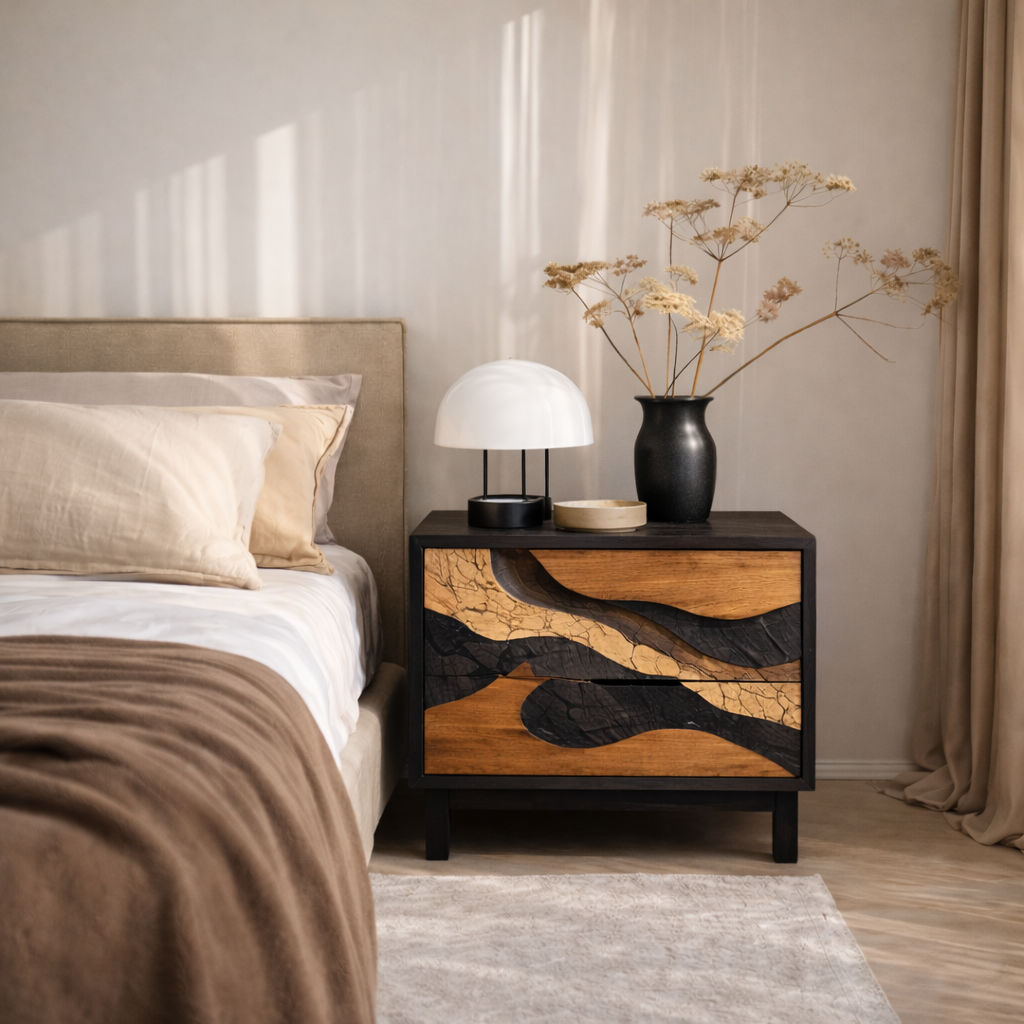 Artisan Solid Wood Bedside Table – Sculptural Nightstand for Modern Bedroom