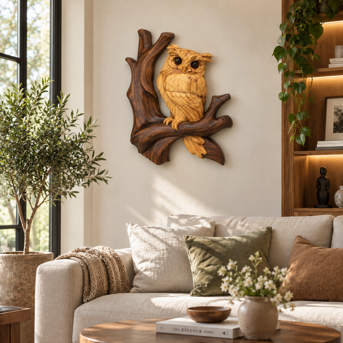 Carved Owl on Branch Wood Wall Art