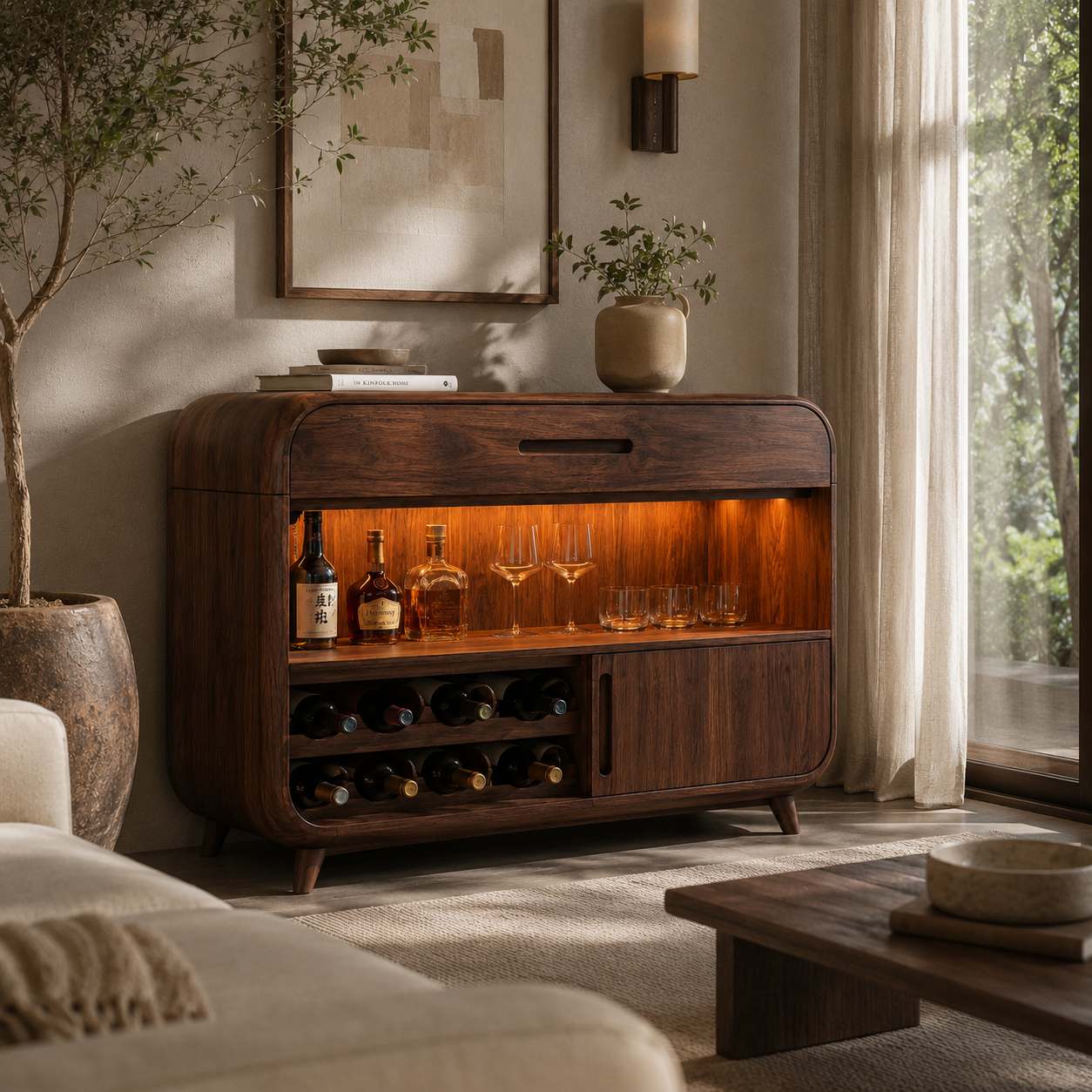 Rounded Wood Bar Cabinet – Solid Wood Wine Storage Cabinet for Living Room Decor