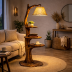 Tree Branch Floor Lamp – Solid Wood Standing Light with Shelves for Living Room Decor