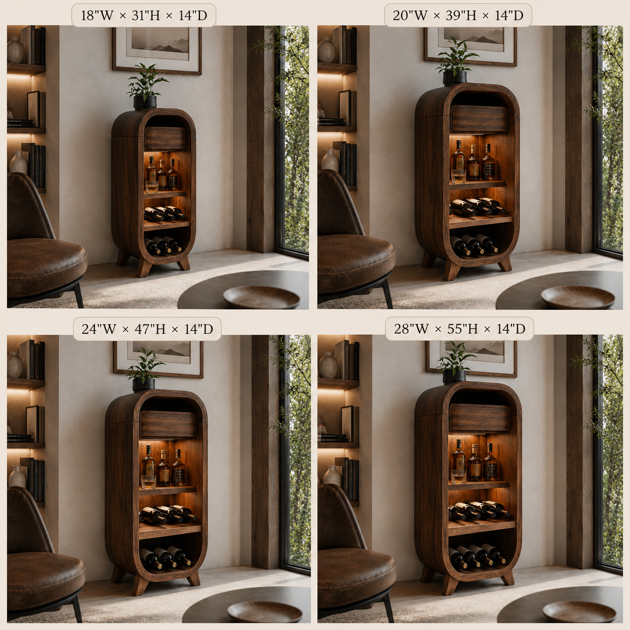 Rounded Wood Wine Cabinet – Solid Wood Bar Storage Cabinet for Living Room Decor