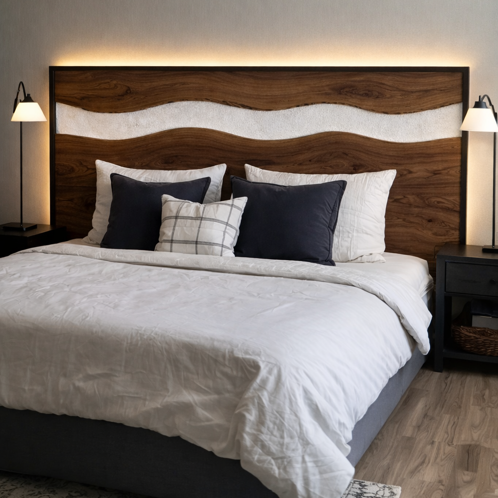 Solid Wood Wave Headboard – Sculptural Open Design