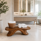 Curved Wood Bathroom Bench – Solid Wood Low Towel Bench for Spa Decor