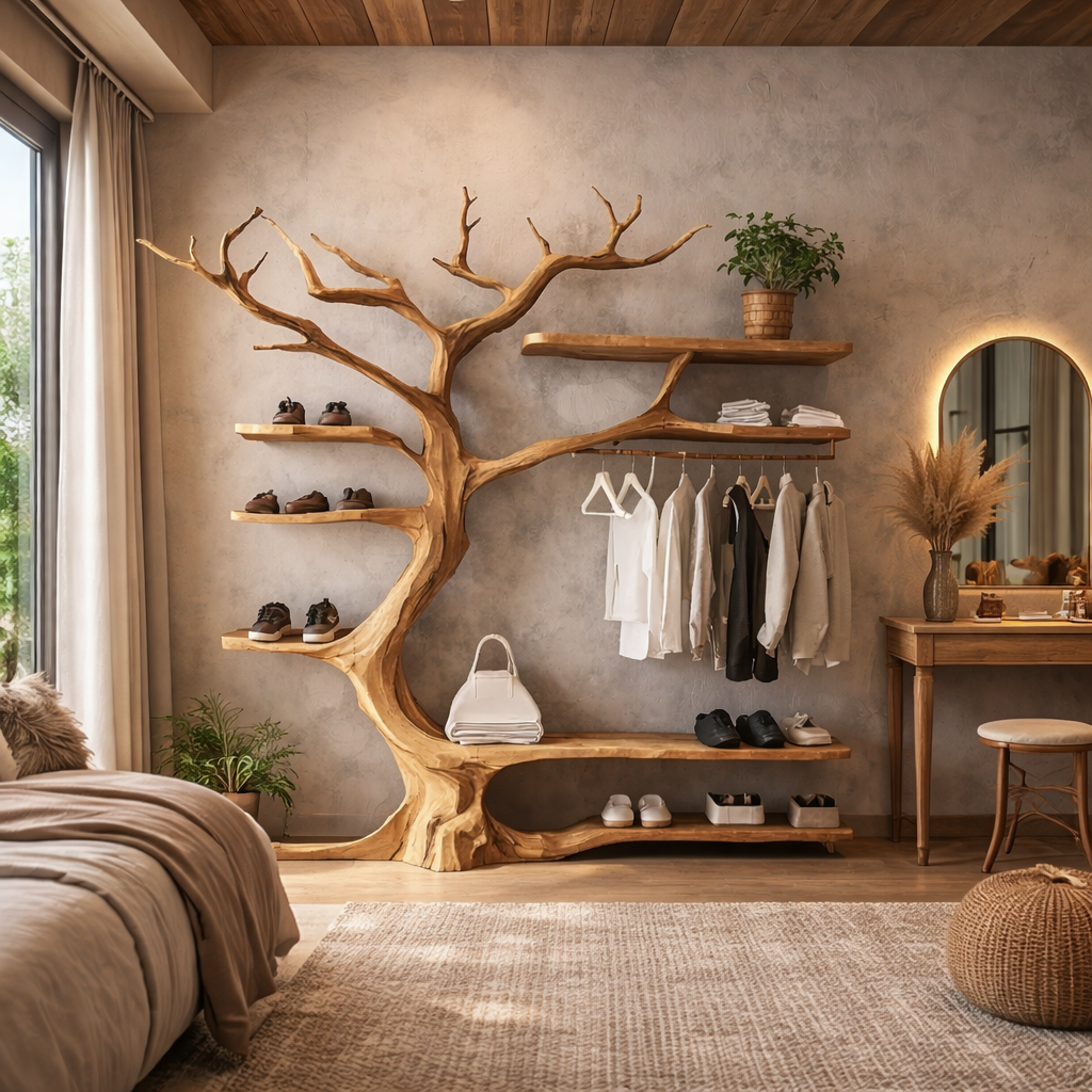 Tree Wall Shelf with Coat Rack – Wooden Entryway Organizer
