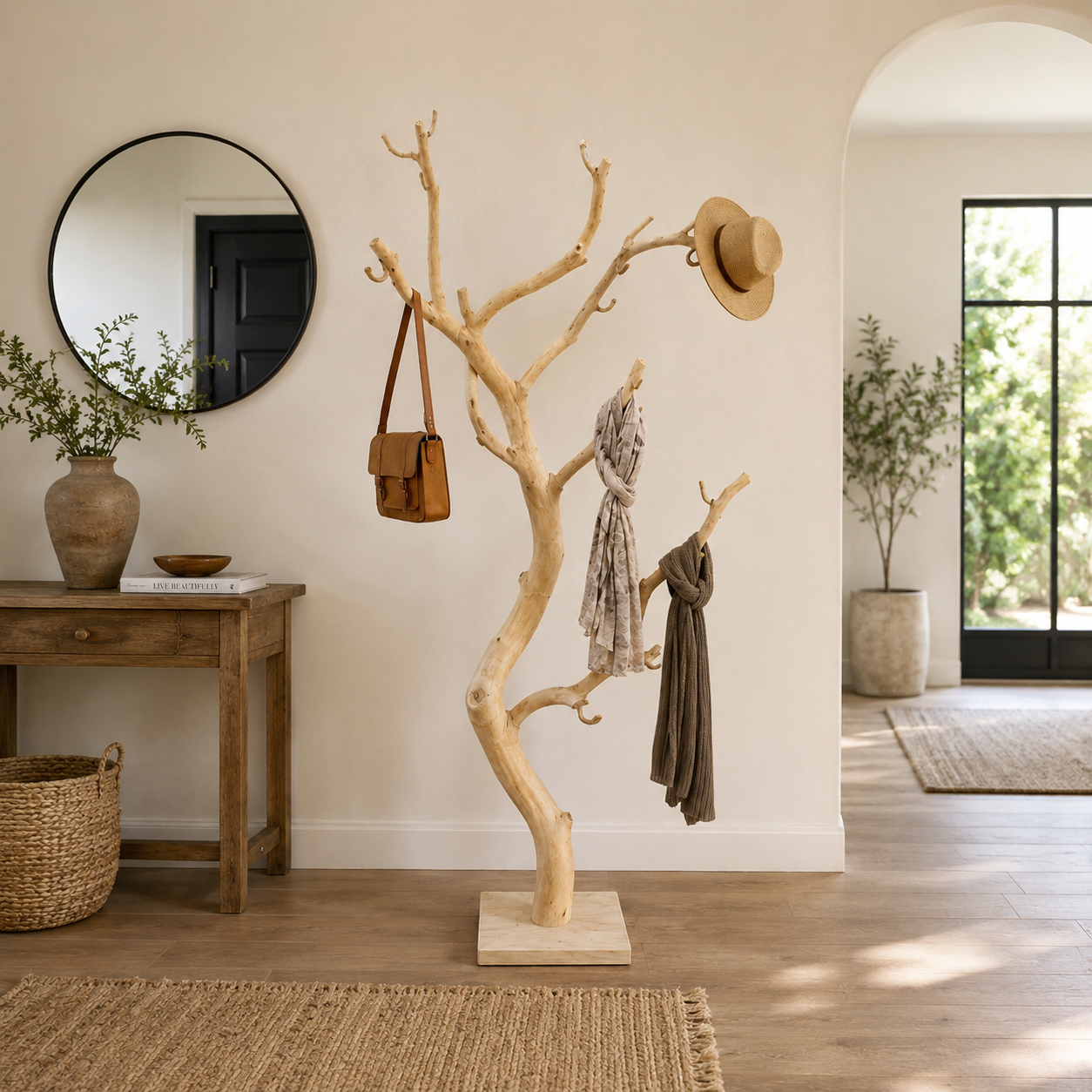 Tree Branch Wood Coat Rack – Solid Wood Entryway Hall Tree with Hooks for Home Decor