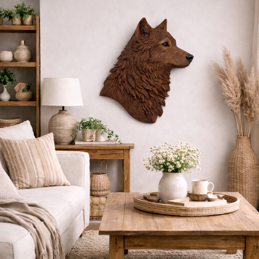 Wolf Head Wall Art – Solid Wood Decorative Panel for Rustic Home Deco
