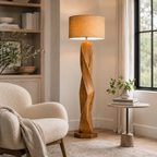 Geometric Wood Floor Lamp – Solid Wood Standing Lamp with Fabric Shade for Living Room Decor