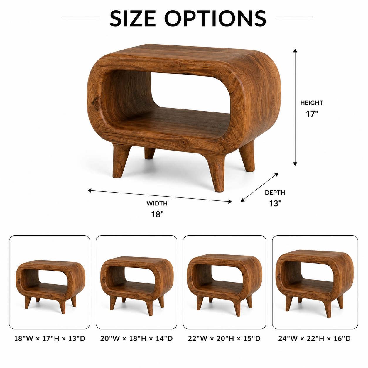 Curved Wood Side Table – Solid Wood End Table for Living Room Decor