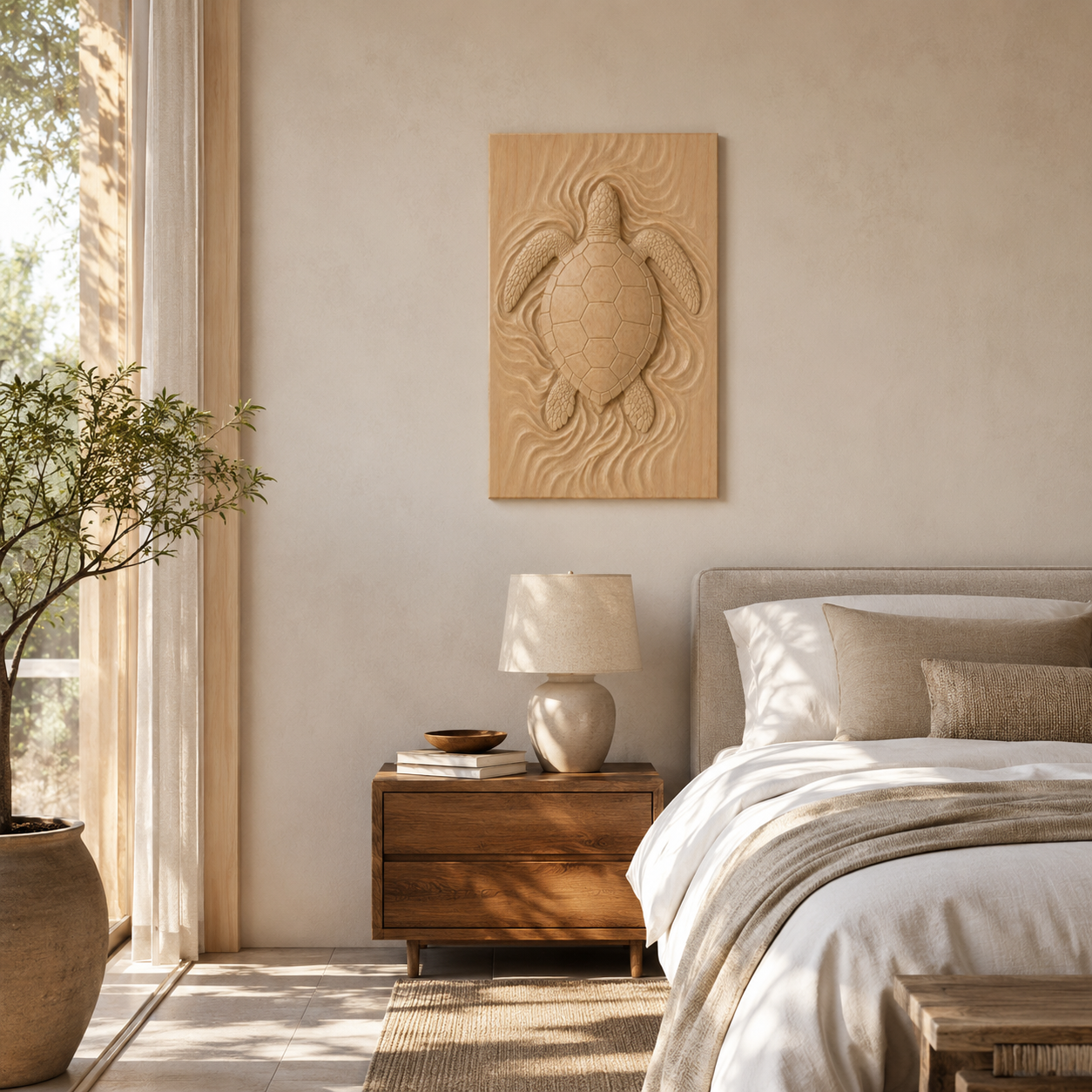Sea Turtle Wood Wall Art – Solid Wood 3D Relief Carving for Coastal Bedroom Decor