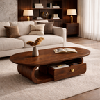 Solid Wood Coffee Table with Storage Drawer – Modern Rounded Design