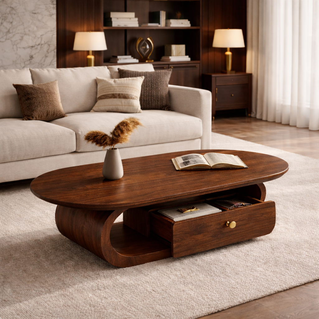 Solid Wood Coffee Table with Storage Drawer – Modern Rounded Design