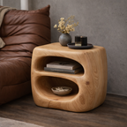 Handcrafted Solid Wood Nightstand – Sculptural Bedside Table with Open Storage