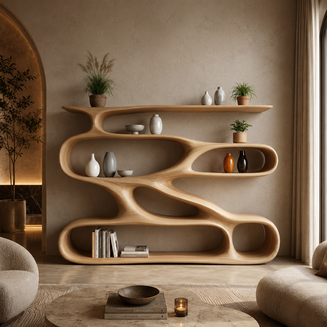 Wavy Bookcase – Sculptural Solid Wood Display Shelf