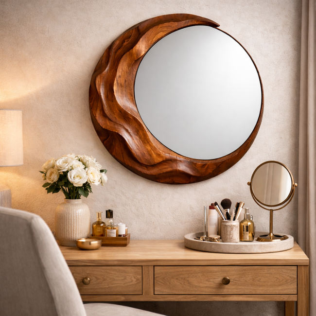 Wave Wall Mirror – Sculptural Hand-Carved Wood Mirror Hover Image