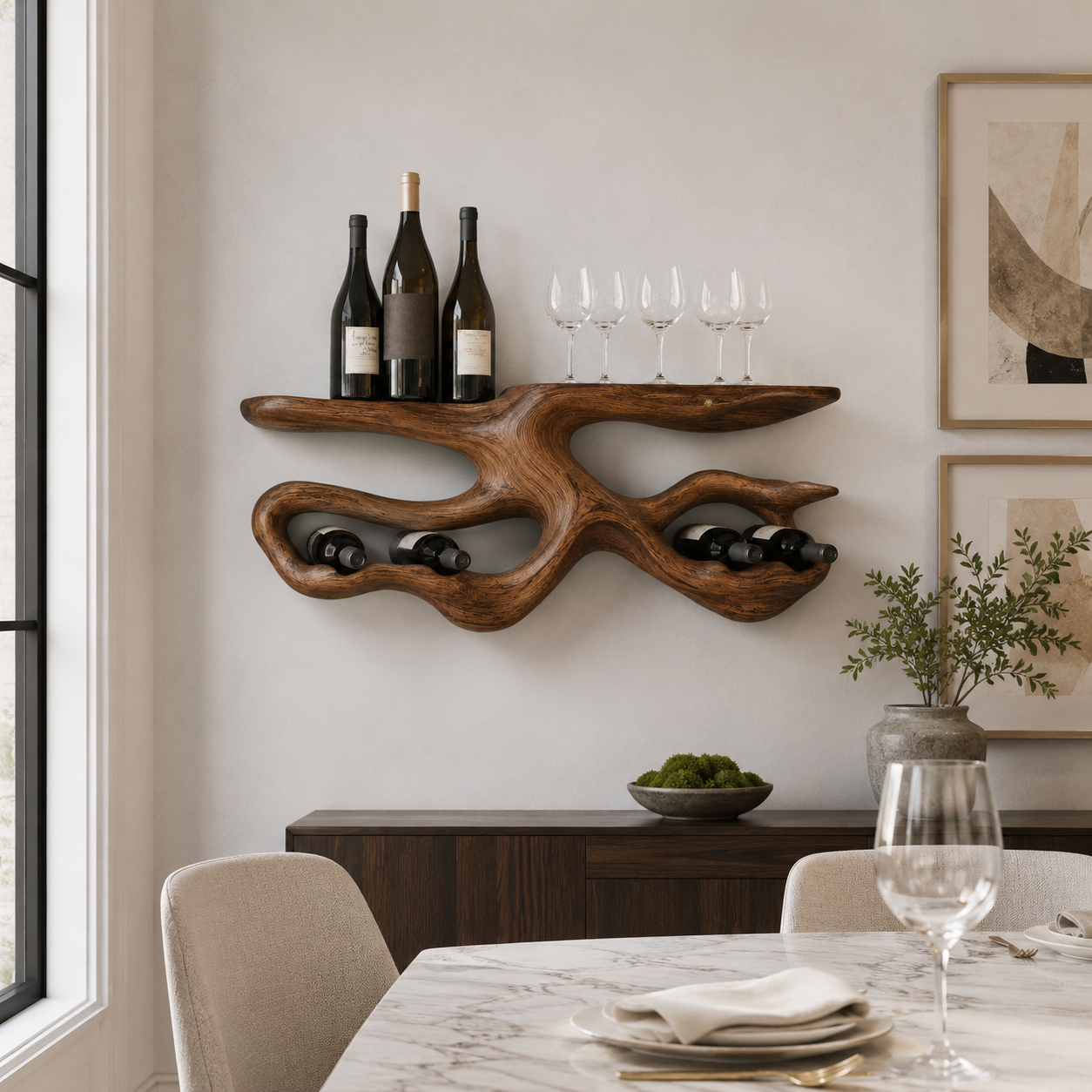 Branch Wood Wall Wine Rack – Solid Wood Bottle and Glass Display Shelf for Kitchen Decor