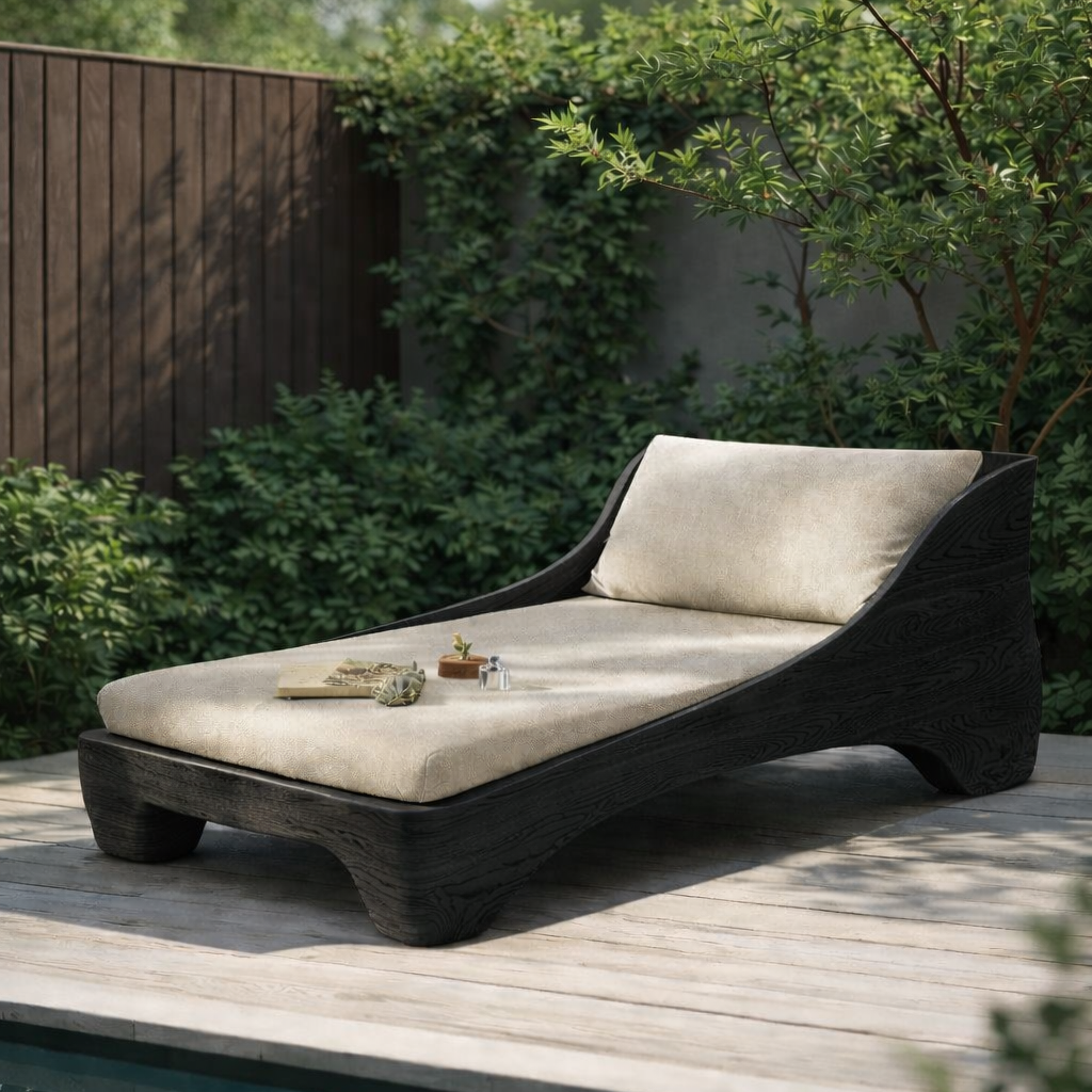 Curved Solid Wood Chaise Lounge with Cushion – Modern Lounger