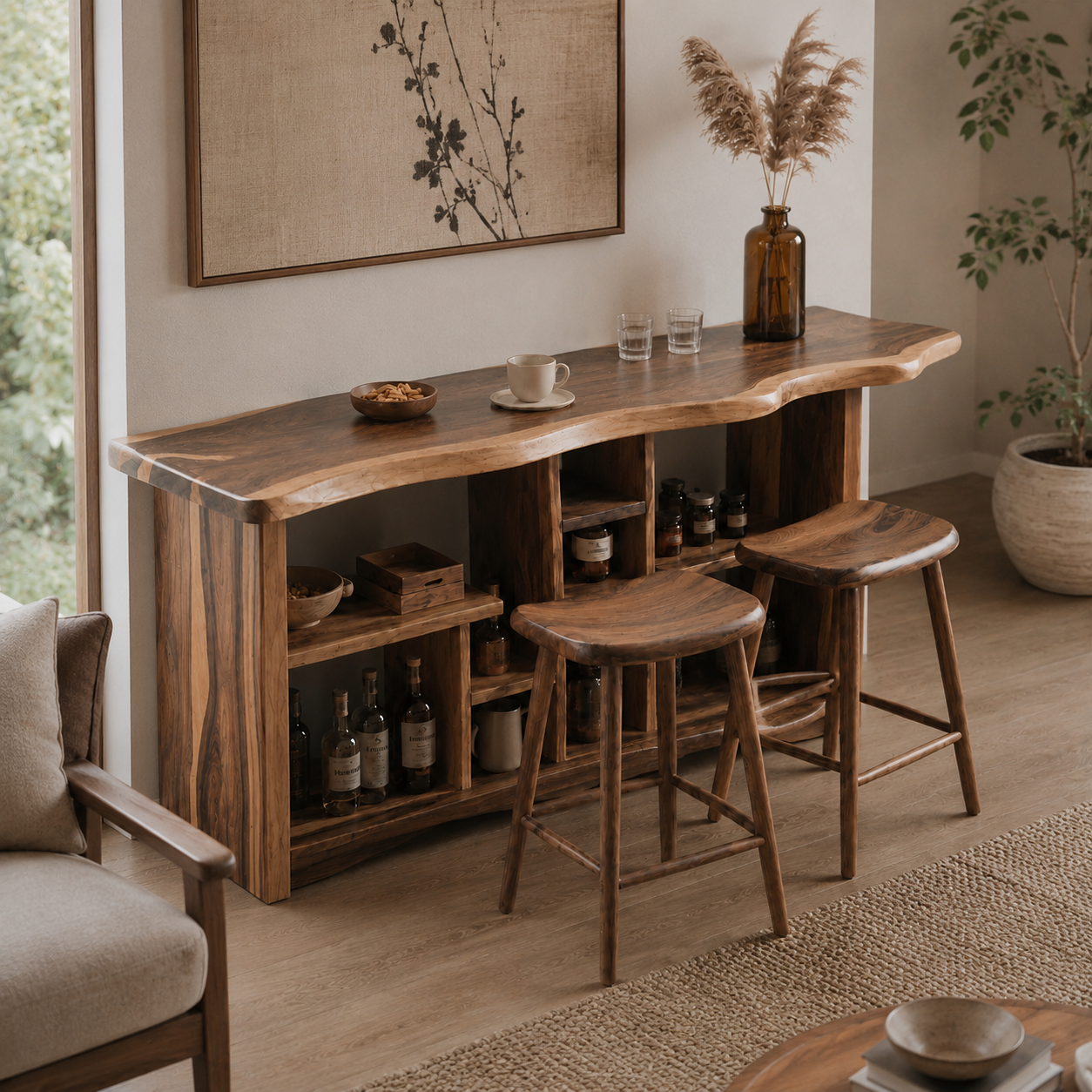 Live Edge Wood Bar Table Set – Solid Wood Home Bar Counter with Stools for Living Room Decor