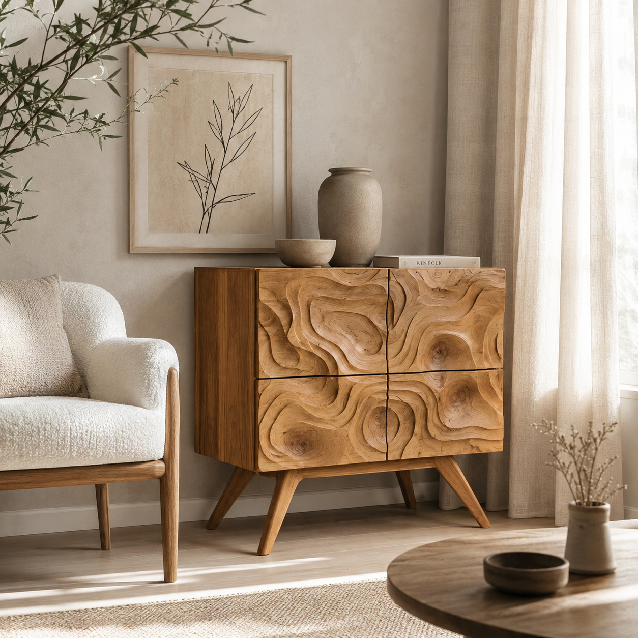 Topographic Carved Wood Accent Cabinet