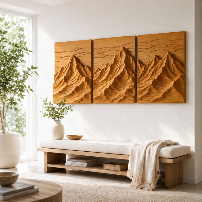 Mountain Wood Wall Art – Solid Wood 3 Panel Carved Wall Decor for Entryway Decor Main Image