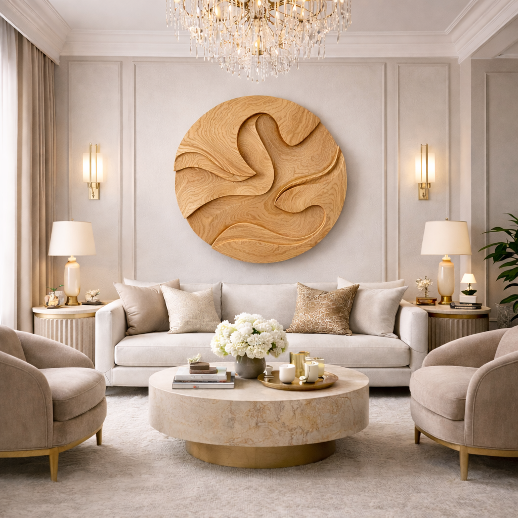 Hand-Carved Solid Wood Wall Art Panel – Organic Round Sculpture