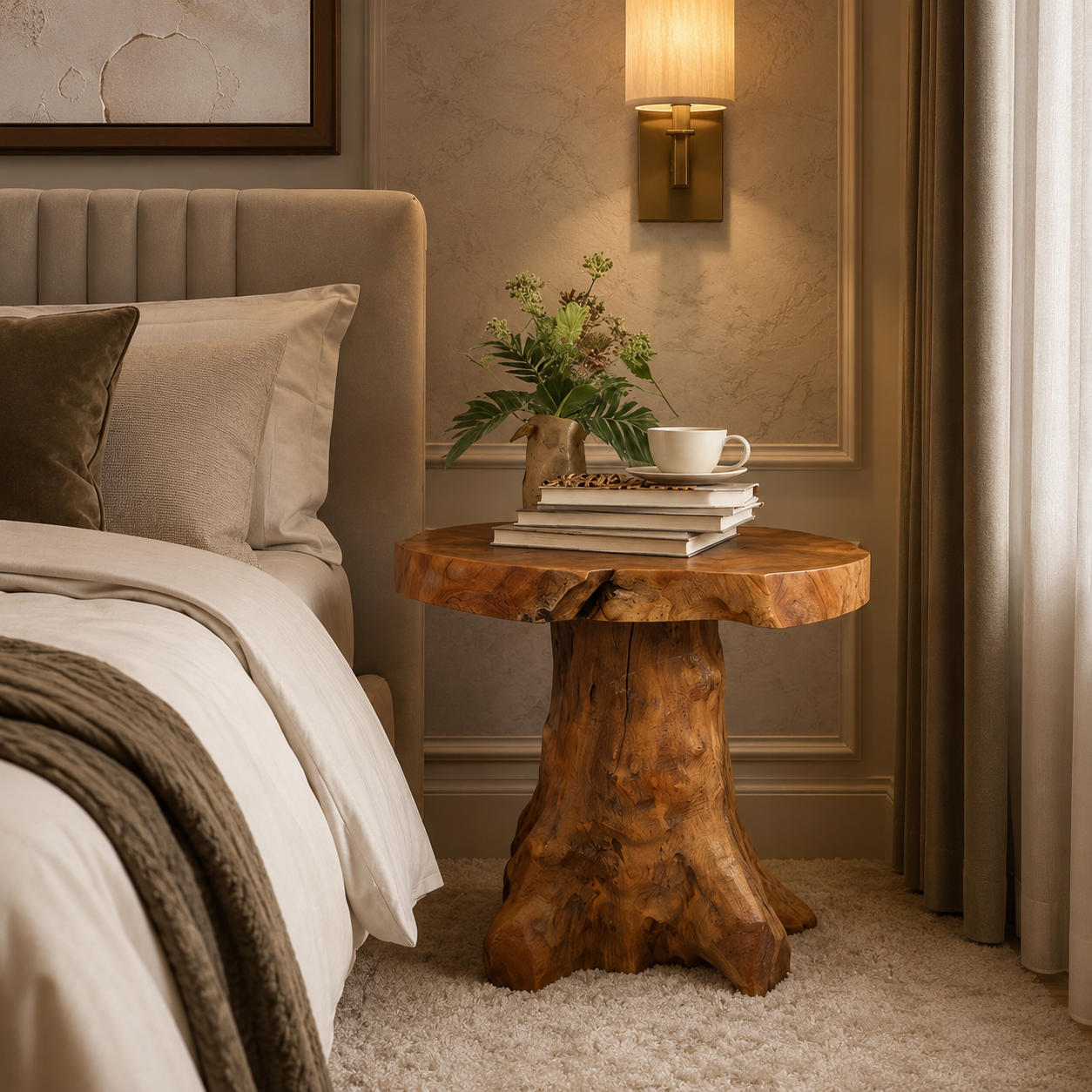 Tree Stump Nightstand – Solid Wood Bedside Table for Bedroom
