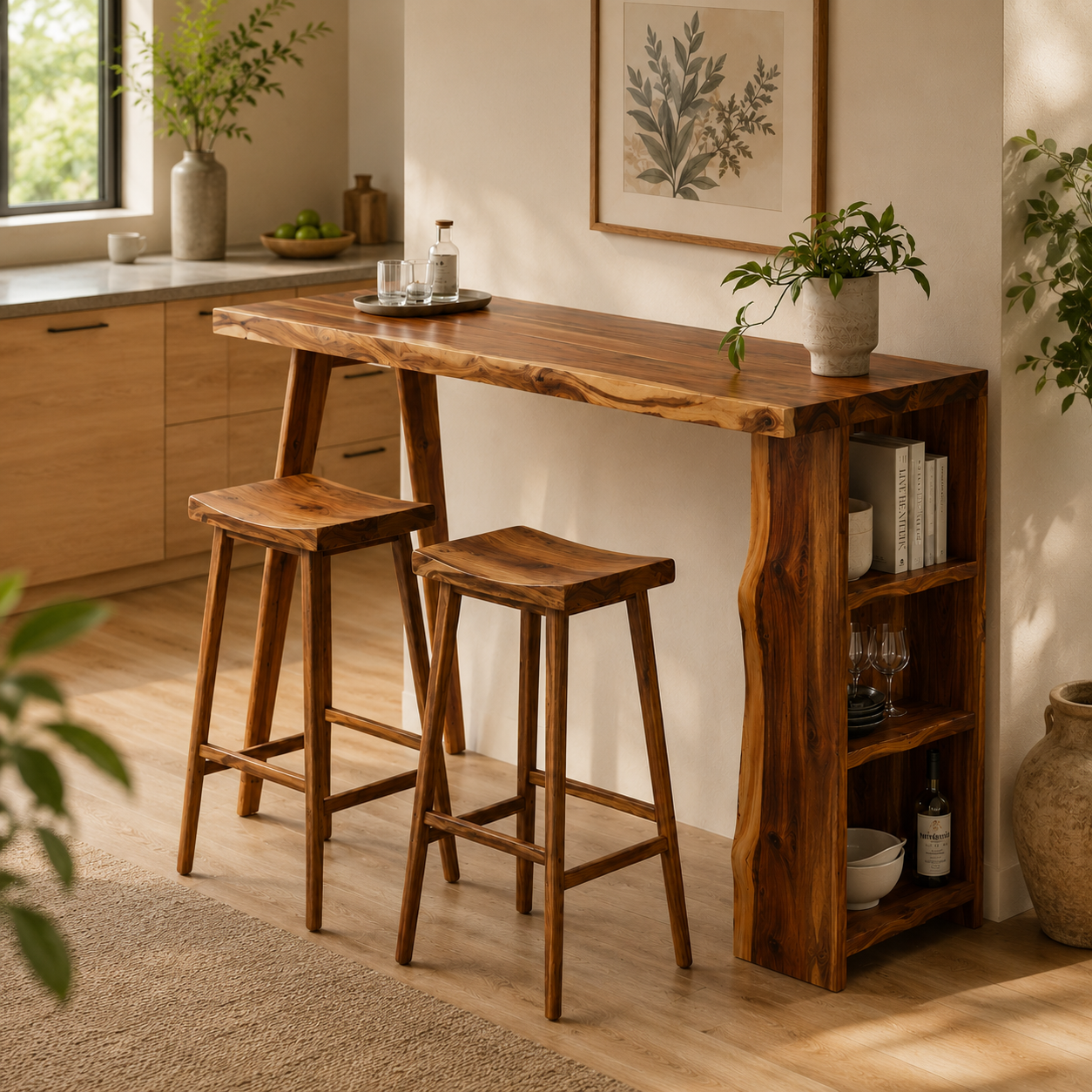 Live Edge Wood Bar Table Set – Solid Wood Kitchen Bar Counter with Storage and Stools