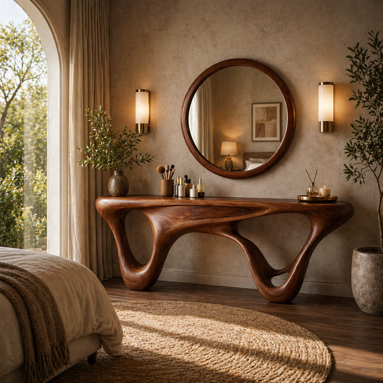 Sculptural Console Table – Wooden Entryway Table with Round Mirror